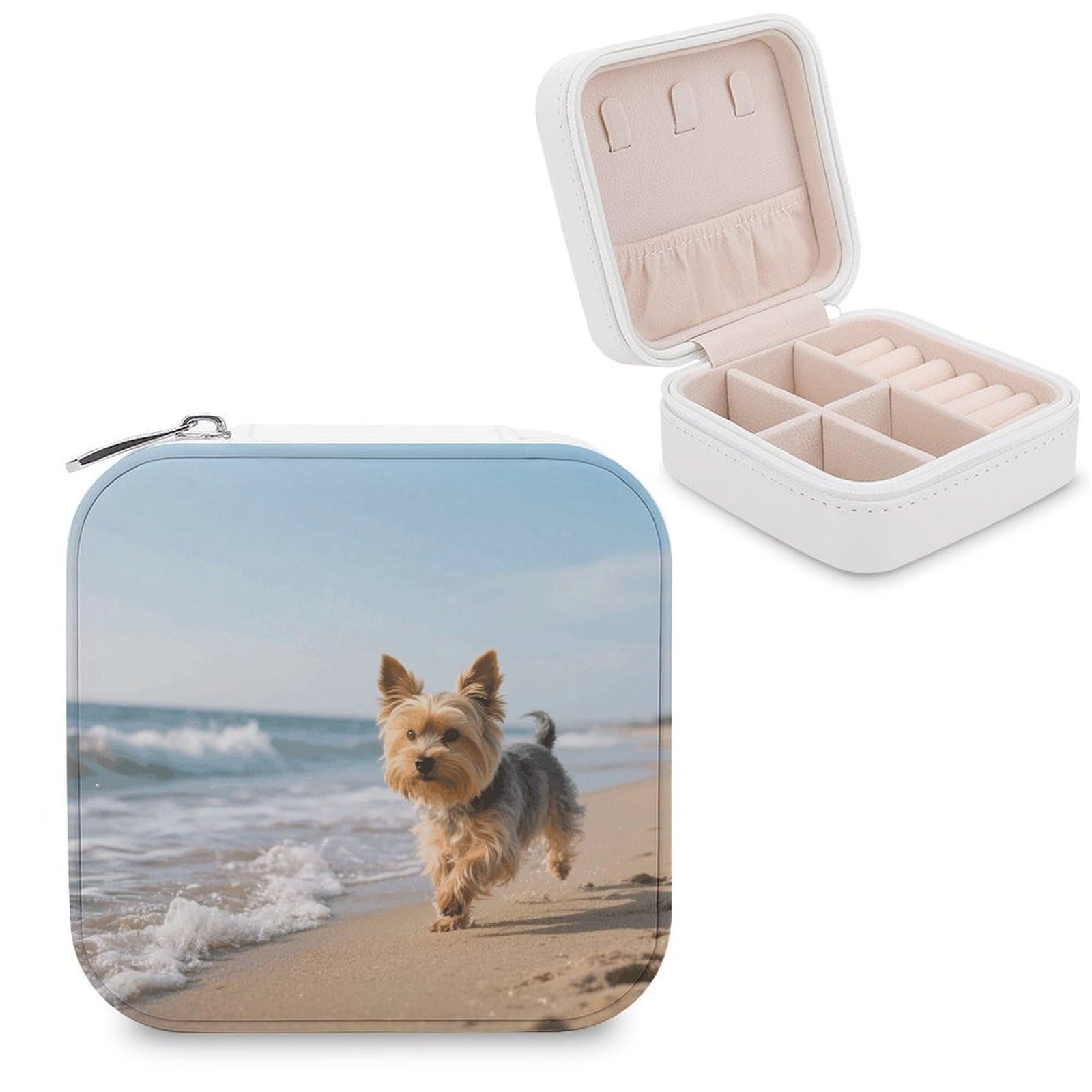 VstaDank Yorkshire Terrier on Beach Jewelry Organizer Travel Case for Women With Zipper Mini Jewelry Case PU Leather Jewelrys Box for Rings Necklaces Bracelets Earring Holder Organizer Storage