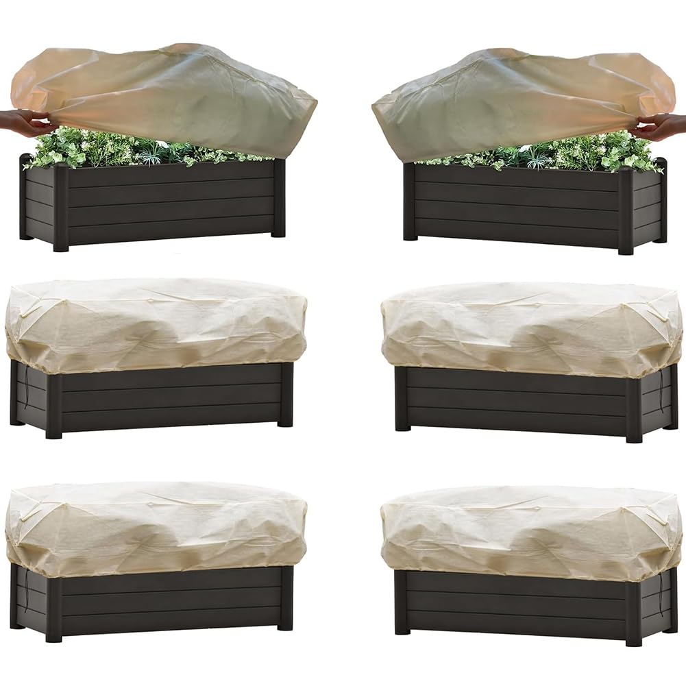 Copertura antigelo per piante, 6 pezzi, rettangolare, per piante, invernale, con coulisse, tessuto non tessuto beige e giallo per esterni, 150 x 40 x 45 cm