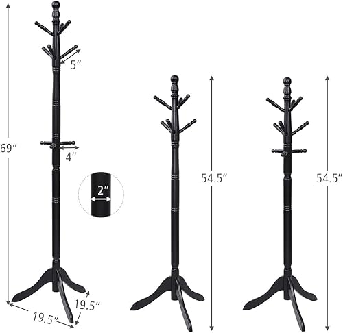Miniatura 5 de Tangkula Perchero de madera independiente, altura de entrada ajustable con 9 ganchos y base estable de tres patas, perchero de madera de goma, para
