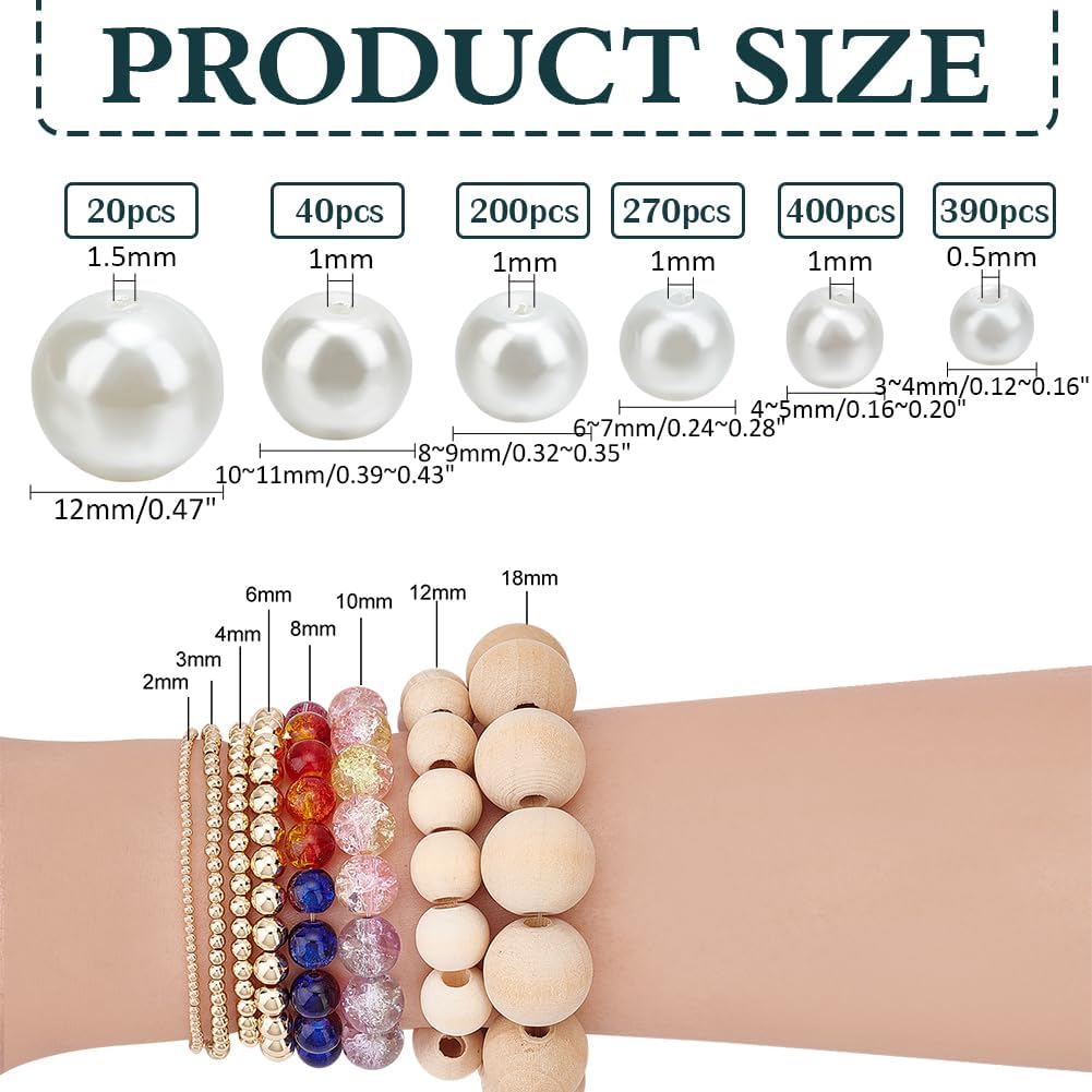 PH PandaHall 1320pcs Pearl Beads 6 Sizes White Glass Pearl with Hole Round Loose Faux Pearl Beads for DIY Necklace Earring Jewelry Making Christmas Halloween Decoration Vase Filler 3/4/6/8/10/12mm