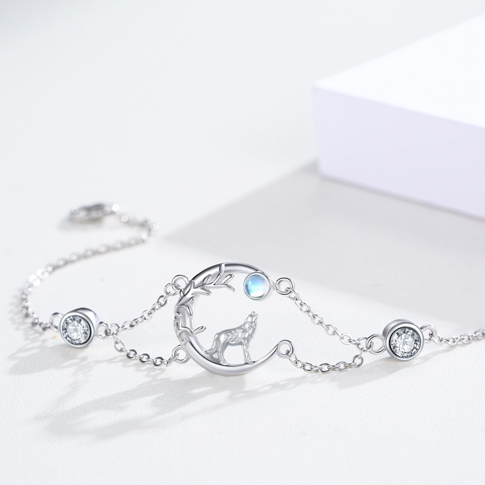 Wolf Armband Damen Sterling Silber Keltische Mondstein Armband Tier Verstellbar Armband Schmuck Geschenk für Mädchen