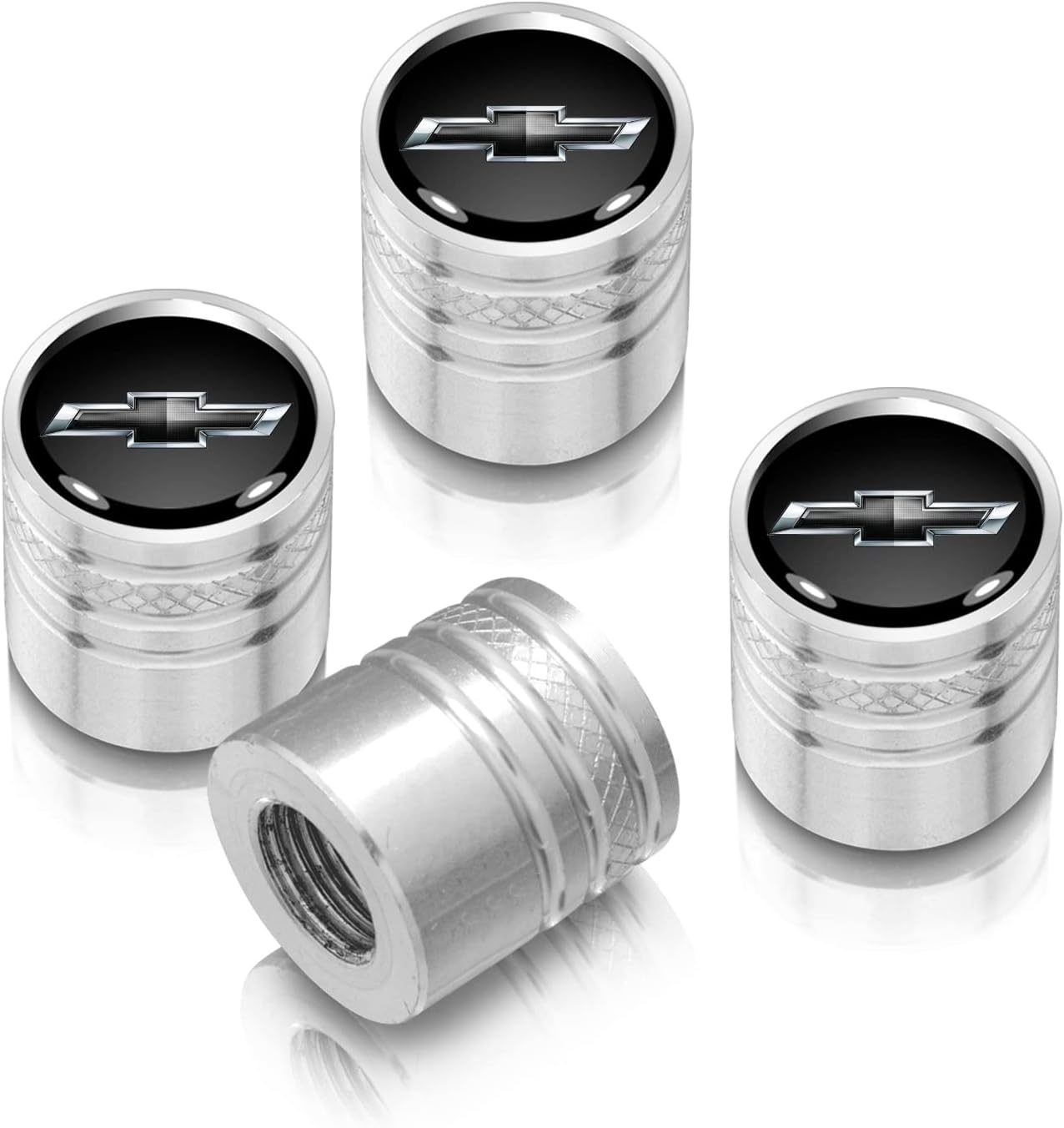 iPick Image for Chevrolet Black Logo in Black on Shining Silver Aluminum Cylinder-Style Tire Valve Stem Caps