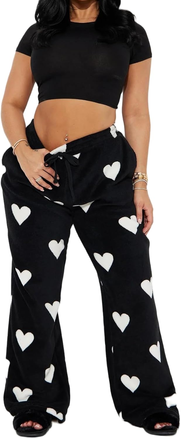 Argeousgor Women Y2k Heart Flannel Pajama Pants Fuzzy Wide Leg Drawstring Waist Lounge Bottoms Valentine's Day Sleepwear - Image 2
