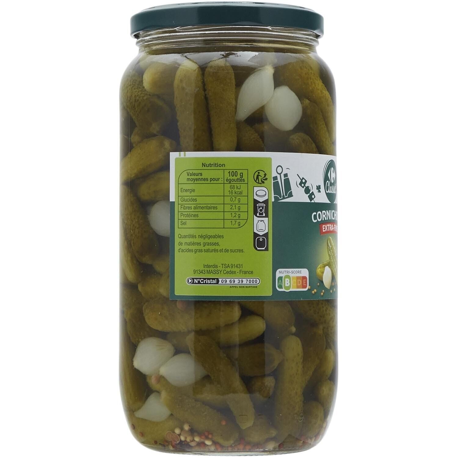Des cornichons croquants et savoureux pour vos repas — CARREFOUR CLASSIC' aux 5 épices et aromates, bocal en verre de 900g (poids net 530g) - Lot de 3