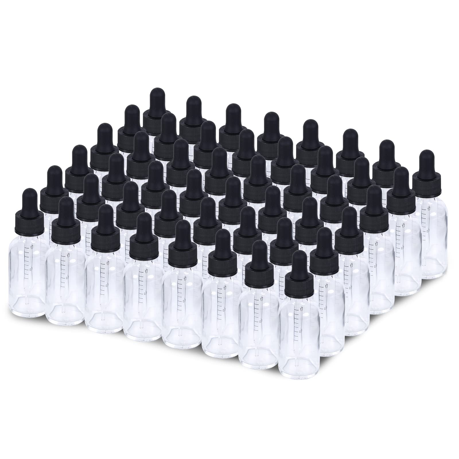 2 oz Dropper Bottle 48 Pack Clear Glass Boston Bottles 60ml with Eye Droppers Black Caps for Essential Oils, Perfume, Leak Proof Travel Bottles for Liquids