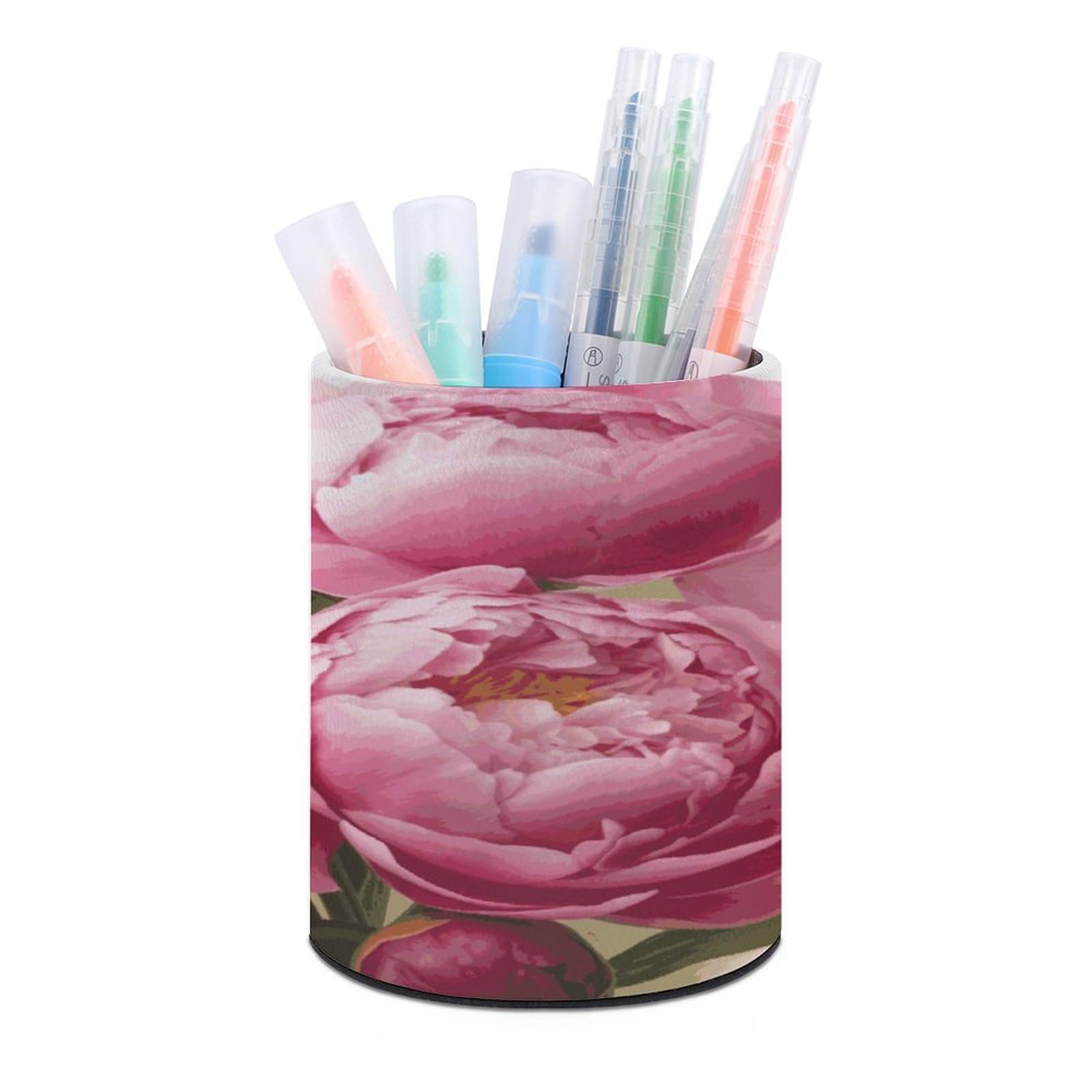 JTREHY Peony Flowers Blossom Pen Holder Round Pen Pencil Holder Makeup Brush Holders Cup PU Leather Pencil Cups Desktop Caddy Stationery Organizer Case Office Accessories Container Box