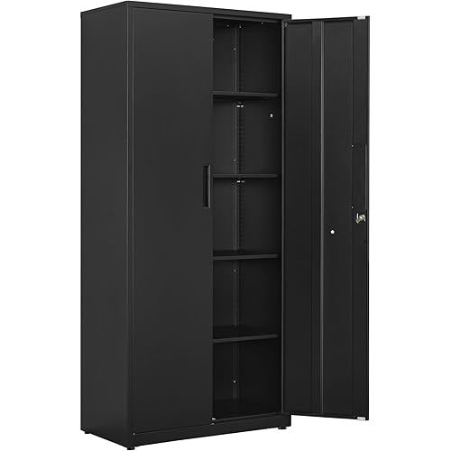 HAND IN HAND Metal Storage Cabinet, Locking Garage Cabinet, Office Cabinet with Adjustable Shelves, for Office, Garage and Utility Room, Black