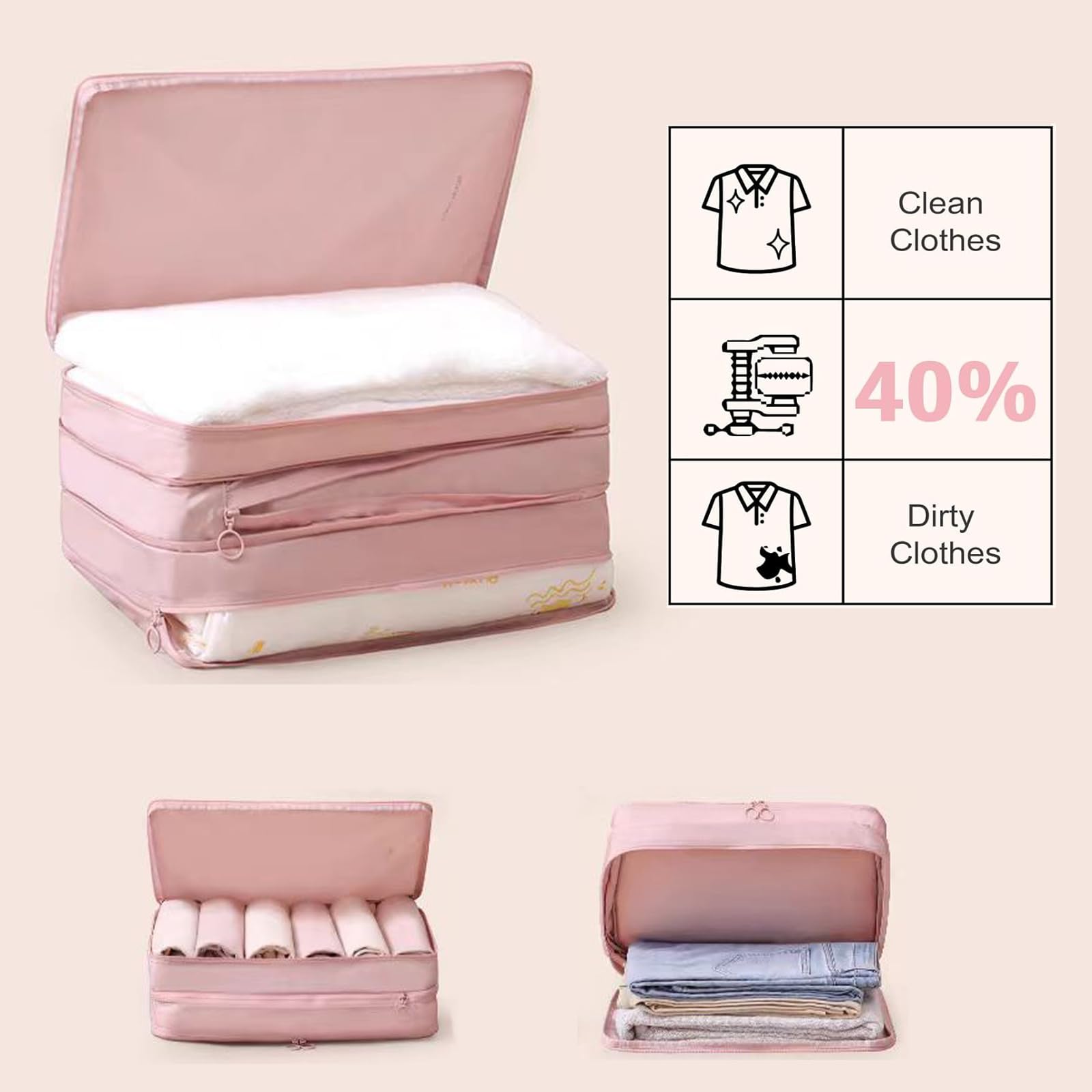 Cubi di imballaggio a compressione a doppio strato per viaggi, borse organizer per bagagli comprimibili per valigie borsa da imballaggio accessori da viaggio, rosa, M