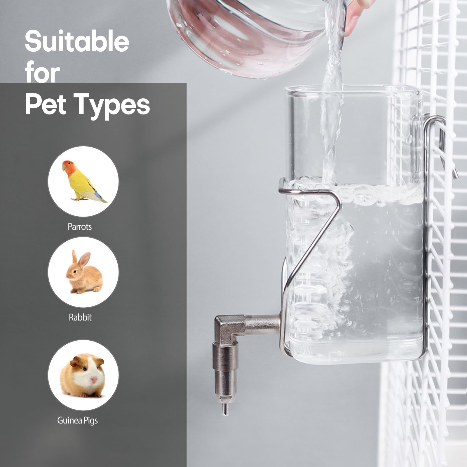 Premium-Wasserflasche aus Edelstahl und Glas, für Haustiere, mit Feuerstift, tropffreier Spender für Kaninchen, Papageien, Nagetiere, 3 Größen mit Universal-Käfighalterung (1000 ml)