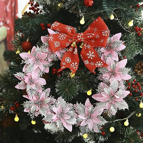 GREENTIME 12 Pcs Pink Glitter Poinsettia 5.5" Artificial Flowers Christmas with Clips Stems Xmas Tree Ornaments for Wedding Party Wreath Decoration (P - Thumbnail 5