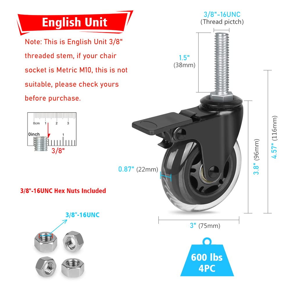 Hirate 3" Industrial Castors, 3/8"-16 x 1.5" Threaded Stem Swivel Locking Caster for Carts Dolly Workbench Trolley, Includes Hex Lock Nuts (set of 4 with Brake)