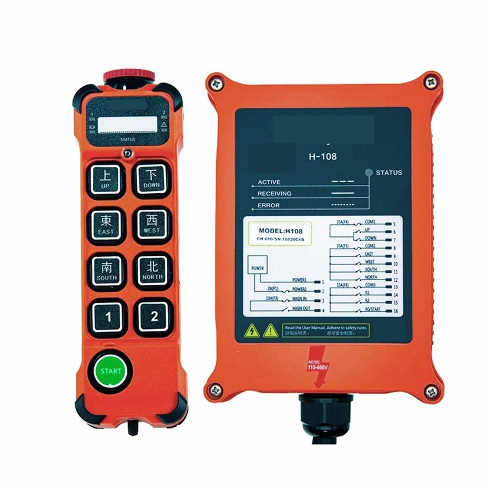 Novfdlop 1T 1R H108 8 Buttons Single Speed Industrial Crane Remote Control Switches Hoist Overhead Bridge Crane Lift Control(,Ac Dc110-460V)