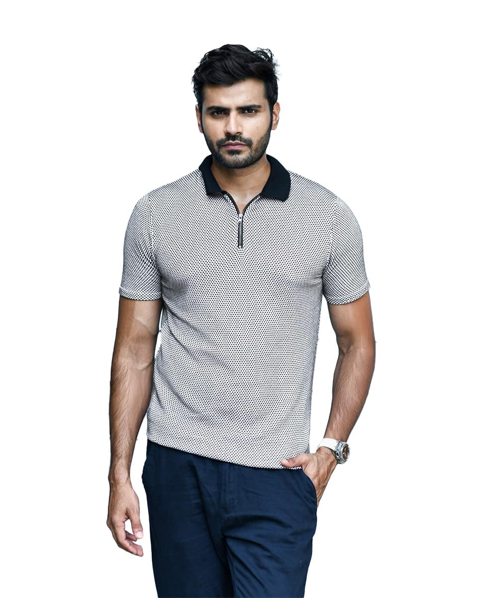 the posh monk Geometric Knit Polo with Contrast Collar | Soft Breathable Fabric with Modern Tailored Fit |for Work or Weekend | Elevate Everyday Style with Subtle Edgy Detailing-picture-27