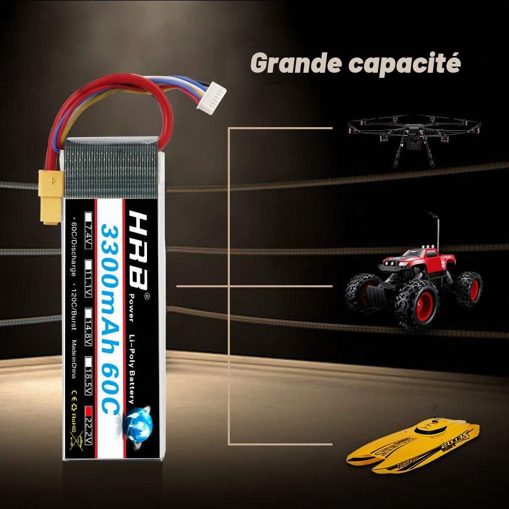 HRB 2PCS 6S 22.2V 3300mAh 60C Lipo Batterie avec XT60 Plug pour RC Hélicoptère Avion Voiture Bateau Camion
