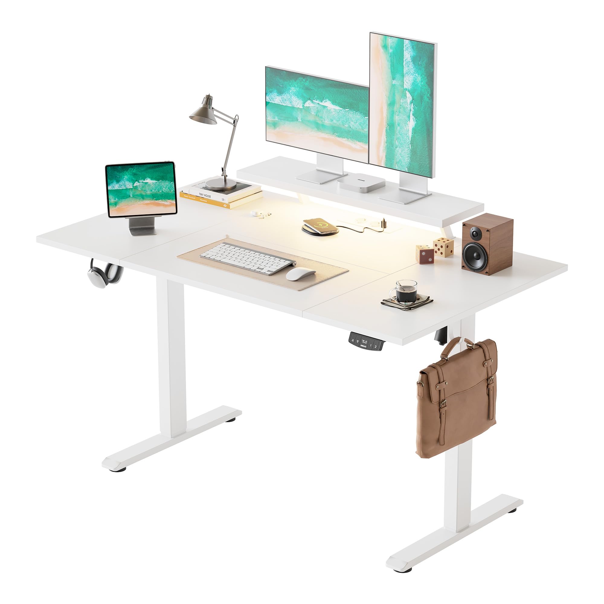 Agilestic Höhenverstellbarer Schreibtisch mit beweglichem Monitorständer, 140 x 80 cm Schreibtisch Höhenverstellbar Elektrisch, LED-Lichtleiste, USB Steckdose, Standing Desk, Computertisch, Weiß