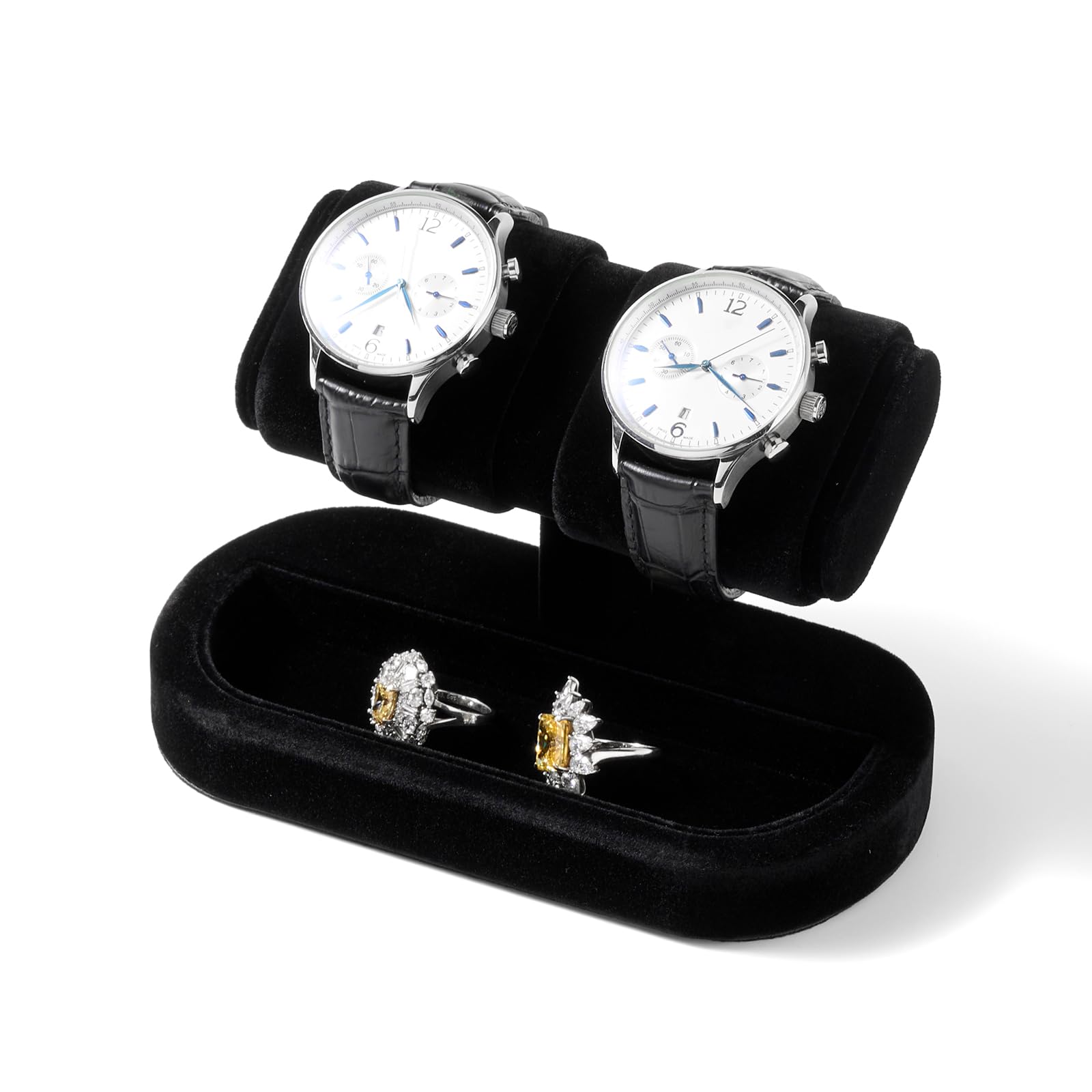Double support de montre en velours avec plateau à bijoux pour