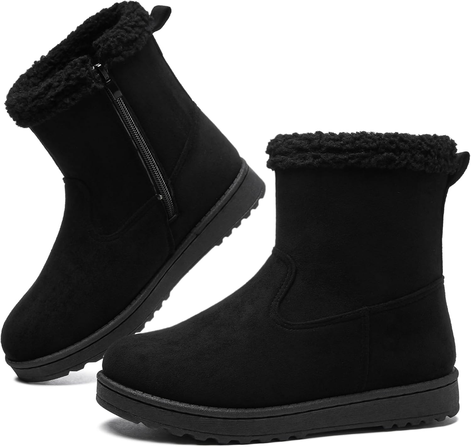 TUOPIN Winter Ankle Black Boots for Women - Slip-On Mini Boots with Side Zipper, Faux Fur Lining & Splash-Resistant