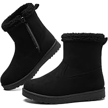 TUOPIN Winter Ankle Black Boots for Women - Slip-On Mini Boots with Side Zipper, Faux Fur Lining & Splash-Resistant