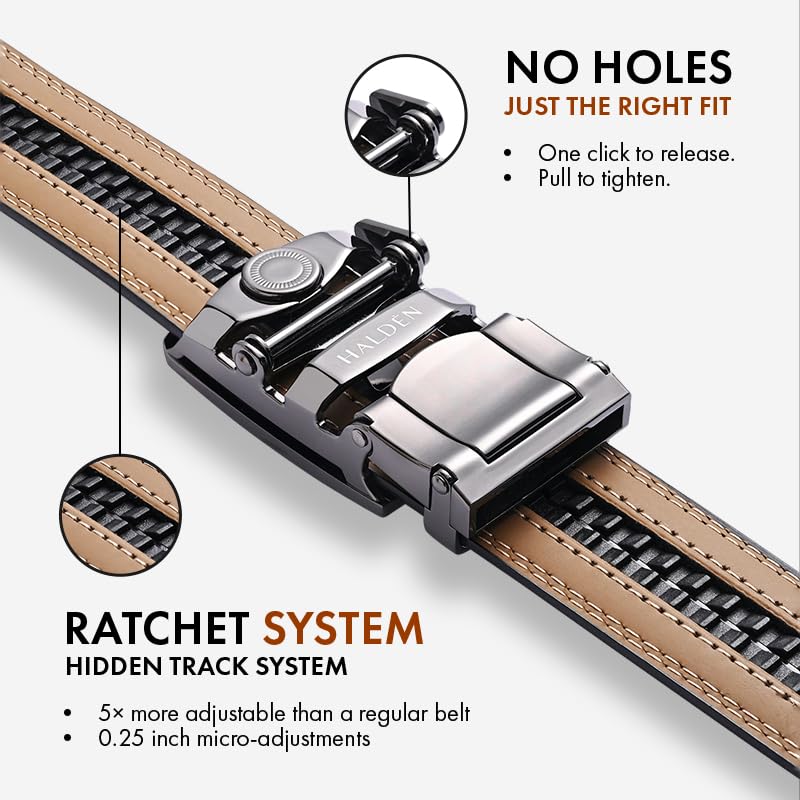 Image of HALDEN THEO Tan Belt For Men Leather Original (Adjustable Fits Up to 44 Inch Waist) Ratchet Strap with Classic Buckle & Magnetic Auto-lock