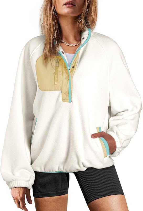 Sweatshirt for Women Oversized Fuzzy Fleece Jacket Color Block Button Long Sleeve Pullover Sherpa Sweatshirts Tops