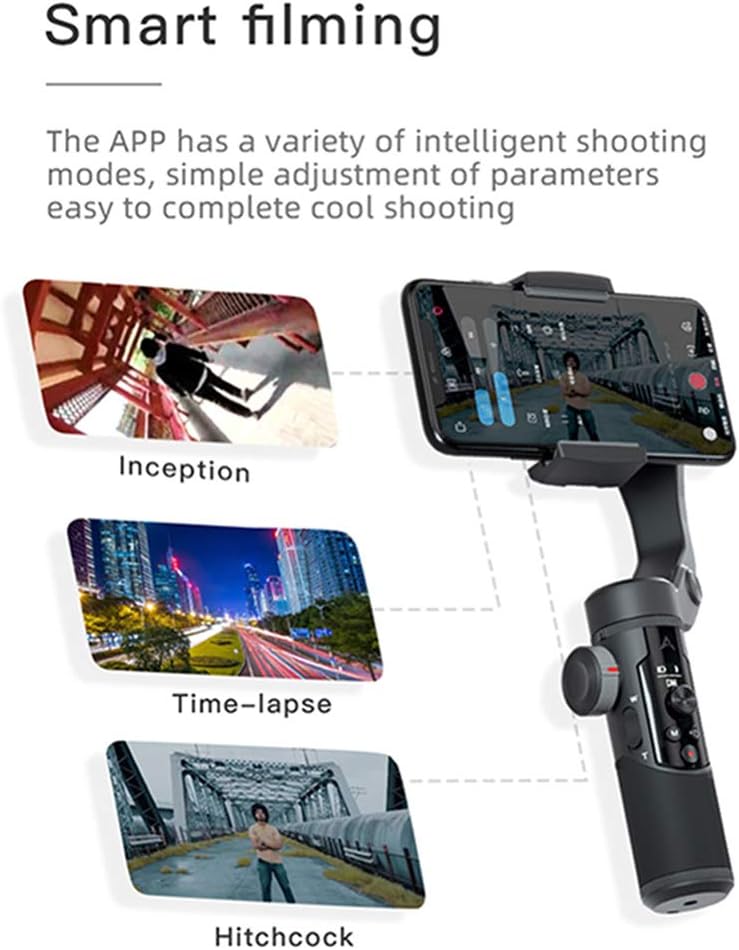 Smartphone screen showing various advanced filming modes like Inception, Time-lapse, and Hitchcock available through the gimbal app