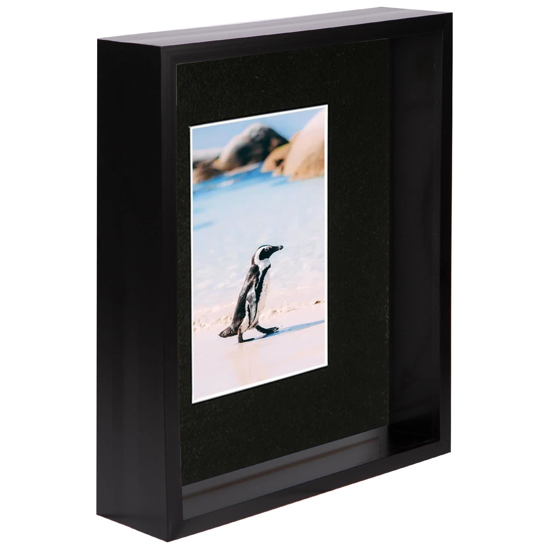 Nicola Spring 1x Black 8 x 10 inch 3D Deep Box Wooden Photo Frame with Black 4 x 6 inch Mount - Standing Hanging Craft Shadow Memory Picture Display Case for Flowers Crafts Art Medal