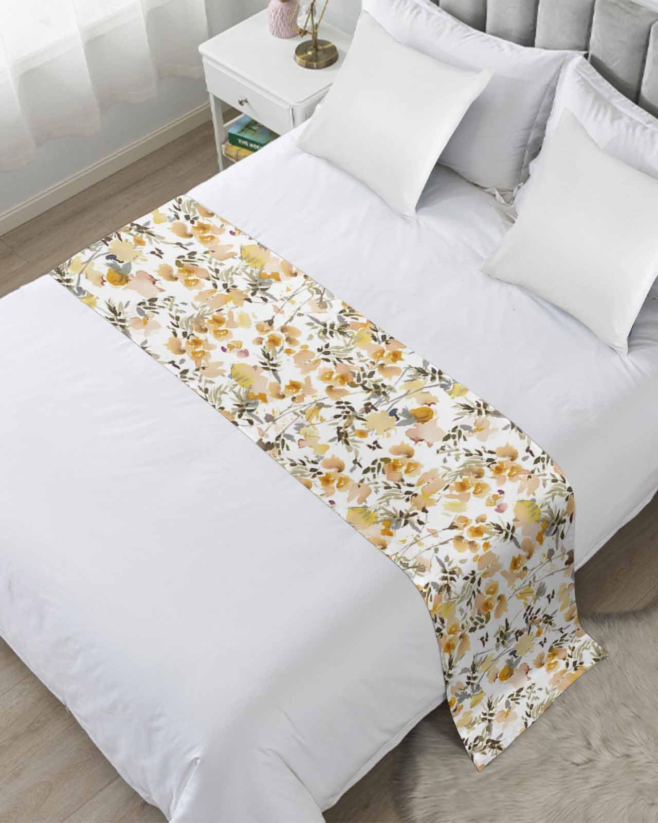Twin Bed Runner Pastoral Wild Flower Botanical Bedding Runner Scarves Decorative Bed Scarf, Summer Watercolor Floral Soft Bedding Scarf for Bedroom Hotel Wedding 94x20in