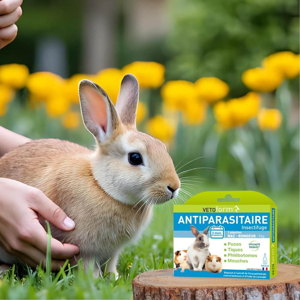 VETOFORM | Pipette Antiparasitaire Petit mammiphère +1kg | Lapin, Cochon d'Inde, Hamster | NAC | antipuces et Anti-tiques | 3x0,6 ML | Fabriqué en France