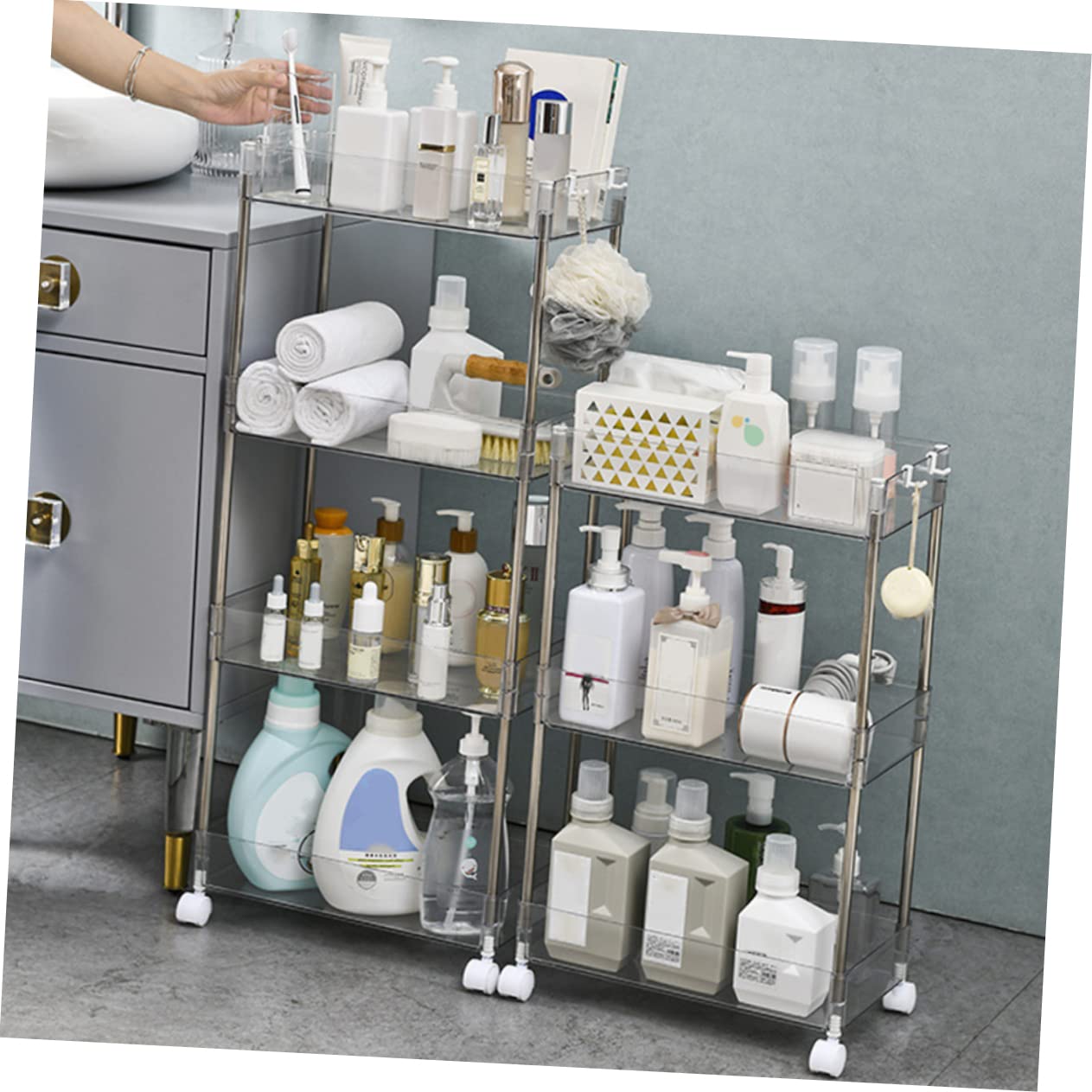 LABRIMP Mobile Cucina con Ruote Scaffale Portaoggetti da Cucina 3 Ripiani in Pet e Acciaio Inox Design Trasparente e Balcone