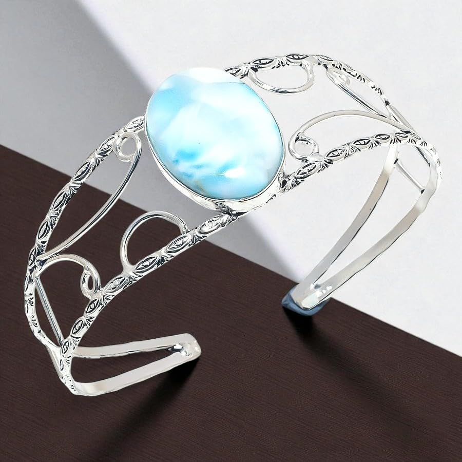 Republic Larimar Gemstone Handmade 925 Sterling Silver Adjustable Cuff Bracelet – Natural Caribbean Larimar, Hypoallergenic, Gift Ready2