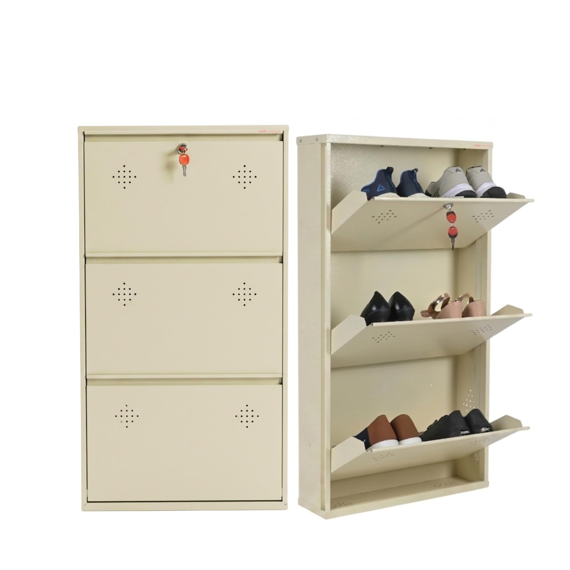 3 Door Wall Mounted Metal Shoe Rack Cabinet with Lock | Space Saving Shoe Storage Cabinet | Dustproof & Ventilated Shoe Organizer for Home, Entryway, Bedroom & Balcony | Ivory | 39 x 21 x 6 Inch-image-26