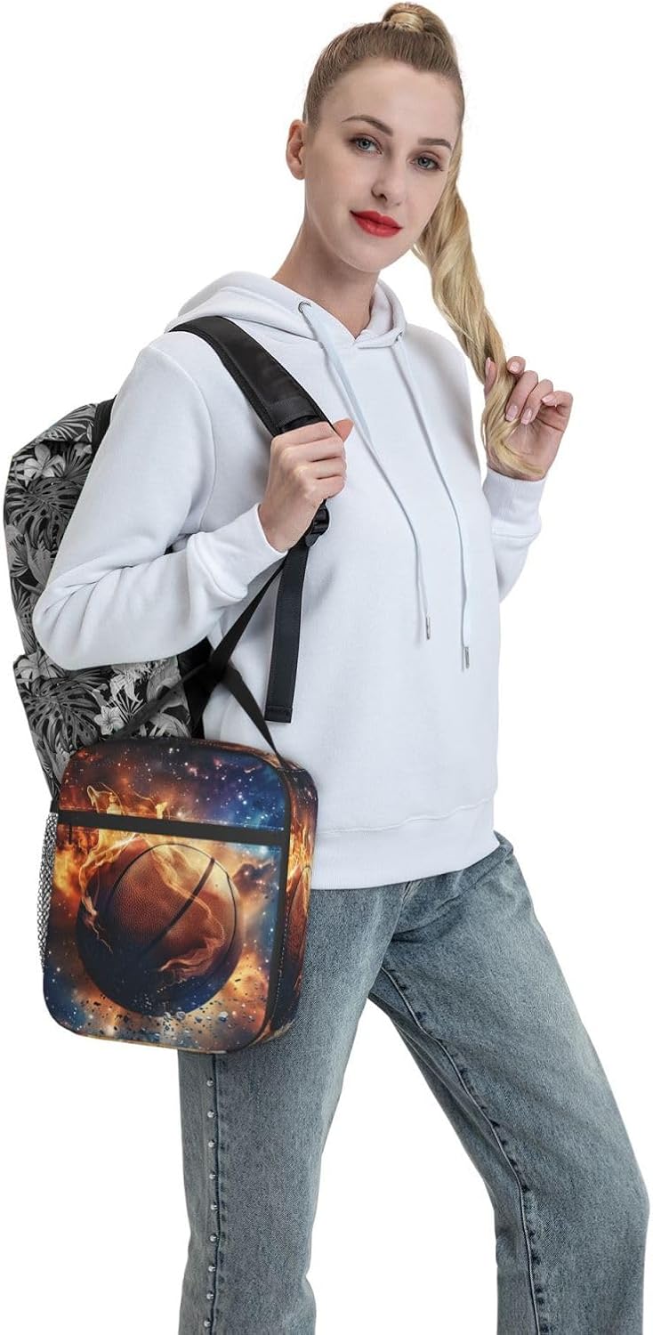 Insulated Lunch Box for Boys Girls Basketball Lunch Box for Work,Picnic,School,Travel,Hiking,Beach or Fishing Polyester Sport American Flag Basketball Theme Lunch Bag