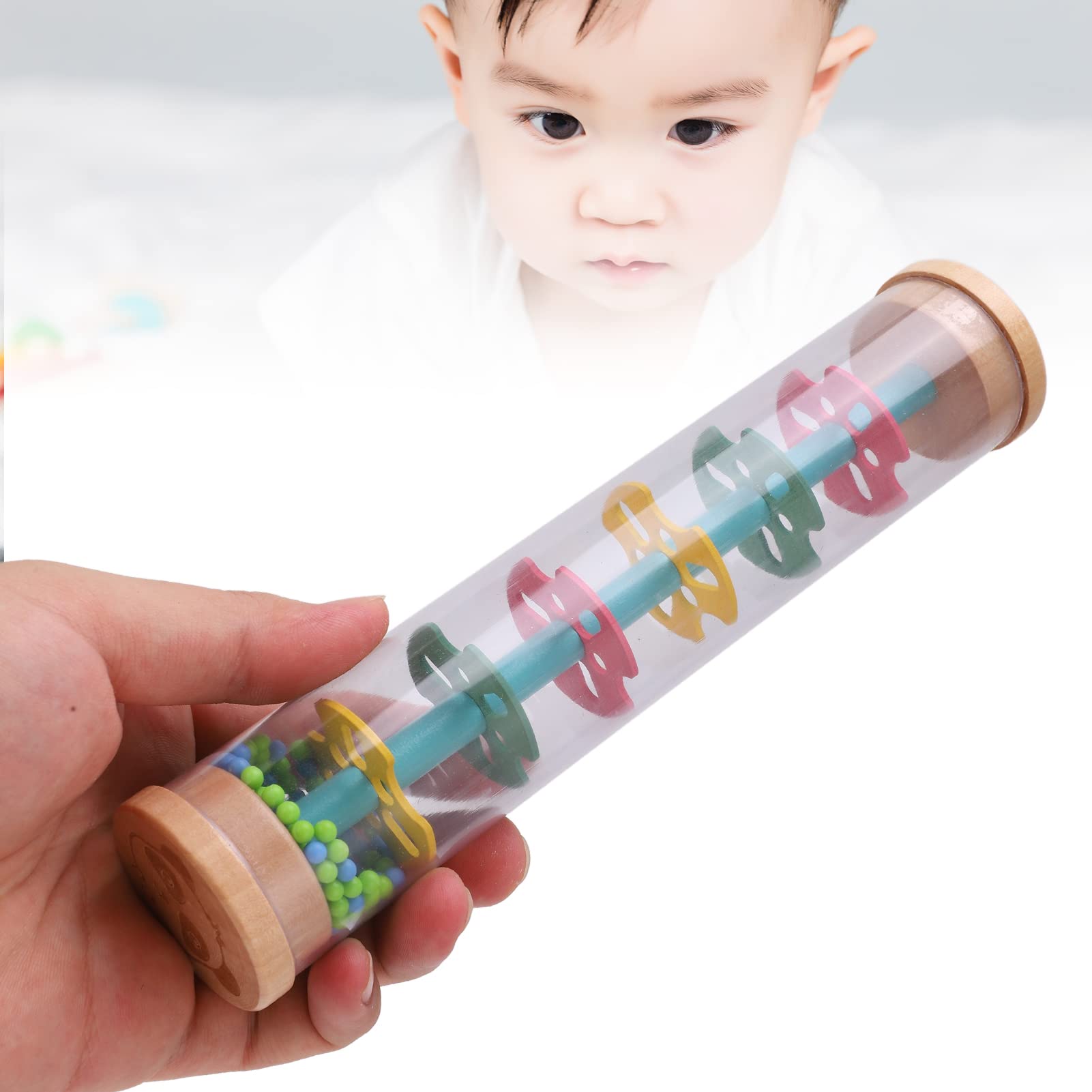 SIXRUN Giocattolo con Bastone della Pioggia, Sonaglio Rainmaker in Legno Massello e Plastica, Mini Tubo Scuotitore da 8,3 Pollici con Perline Colorate con Suono della Pioggia Gioco Motorio Fine per