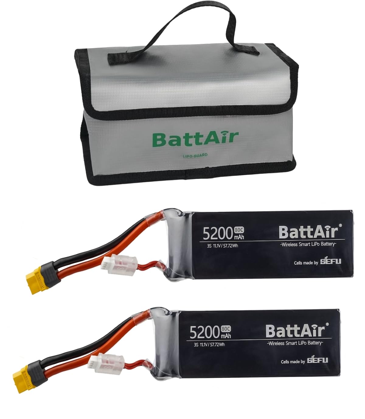 ISDT 11.1V Smart Lipo Akku 3S 5200mAh 80C BattAir Rc Auto Batterie mit XT-60 Stecker Hobby Akkus mit Lipo-Tasche für RC Flugzeug Hubschrauber Plane Boot 1:10,Per Mobiltelefon Bedienbar(2PCS)