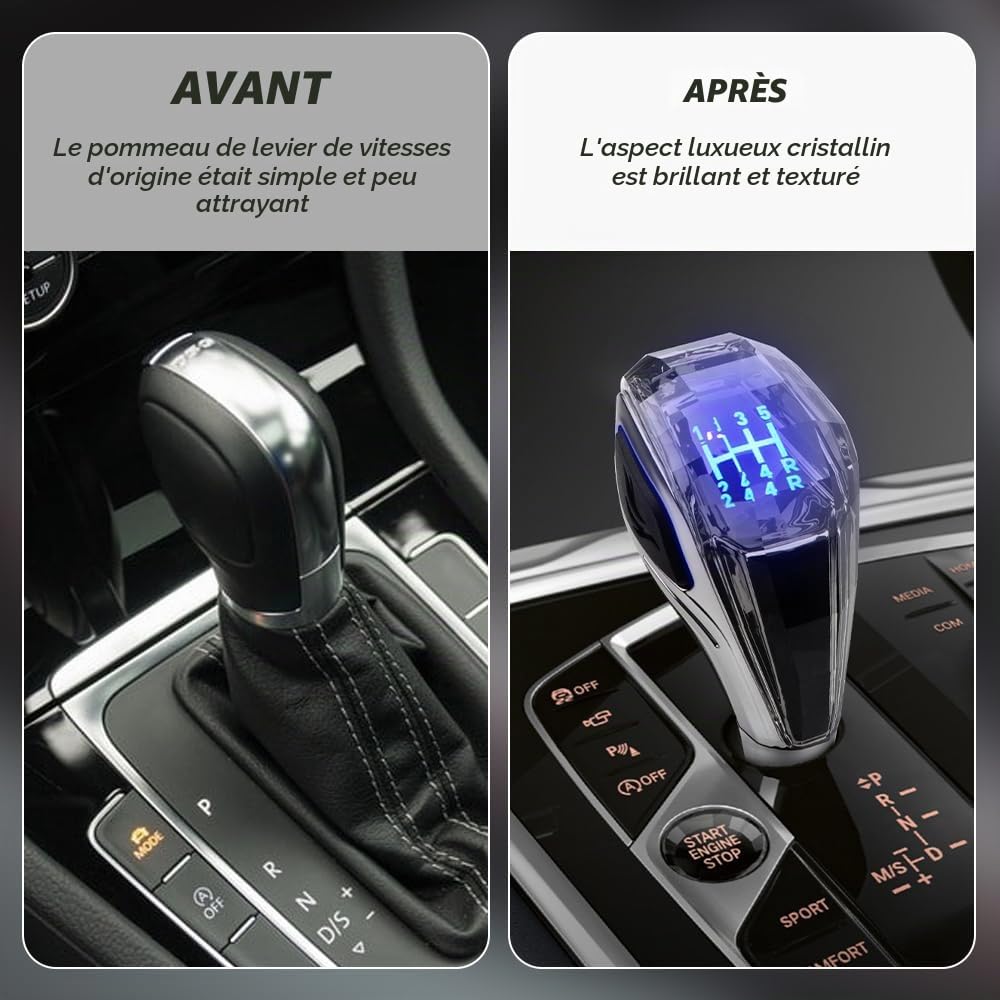 Universel Pommeau de Levier de Vitesse, 5 Vitesses Leviers de Vitesses Manuels Sans Boutons Cristal 7 Couleurs Haut&Côté Activé par le Toucher Éclairage LED