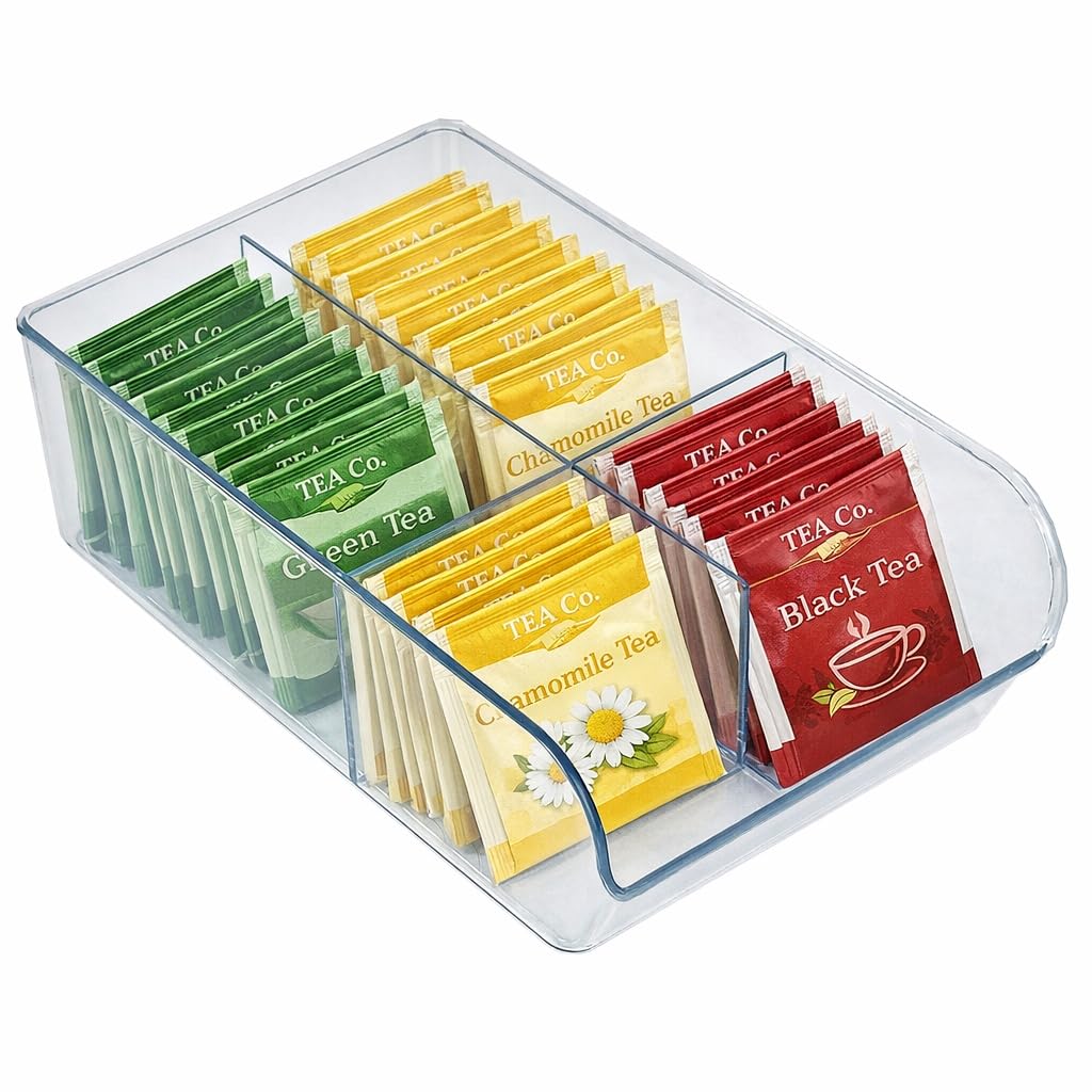 Azar Displays 556752-4PK - Contenedor de almacenamiento transparente con divisores, organizador apilable de múltiples compartimentos para cocina, baño, despensa y oficina, plástico sin BPA (paquete de