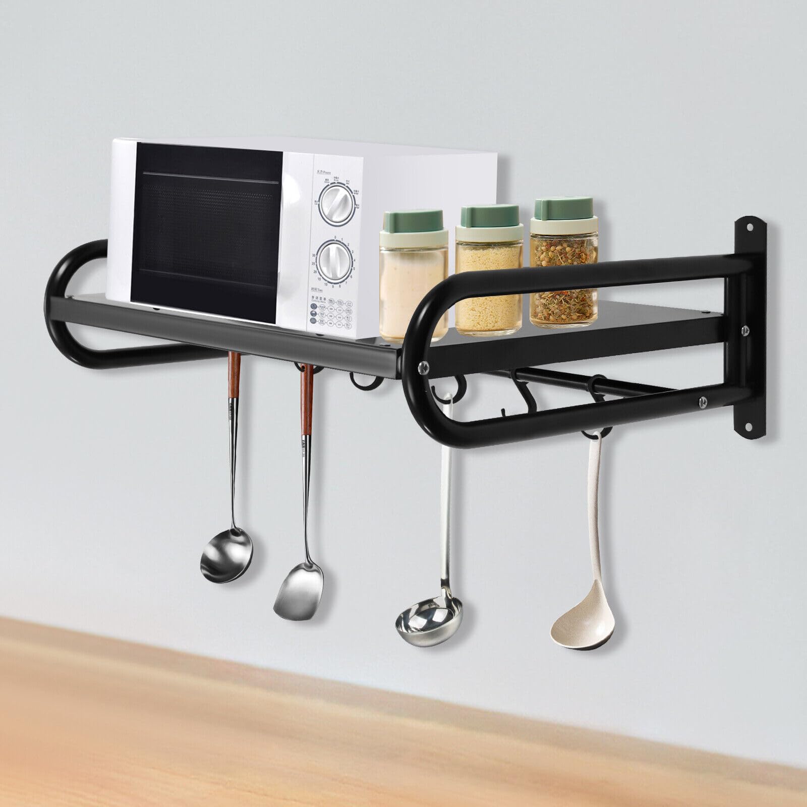 Soporte para microondas, estante de cocina, estante para microondas montado en la pared, con 6 ganchos móviles, acero inoxidable, soporte para microondas, estante de pared, estante de pared