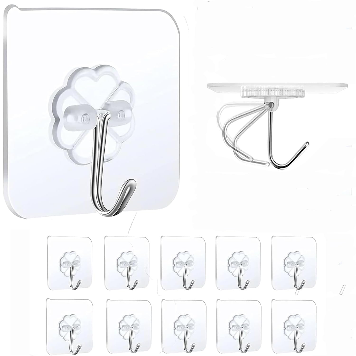 LJRUN Ultra-Strong Transparent Adhesive Hooks - Waterproof Clear Hooks for Home, Office, Kitchen - 13 lbs Heavy Duty, No Drilling Required- Pack of 20