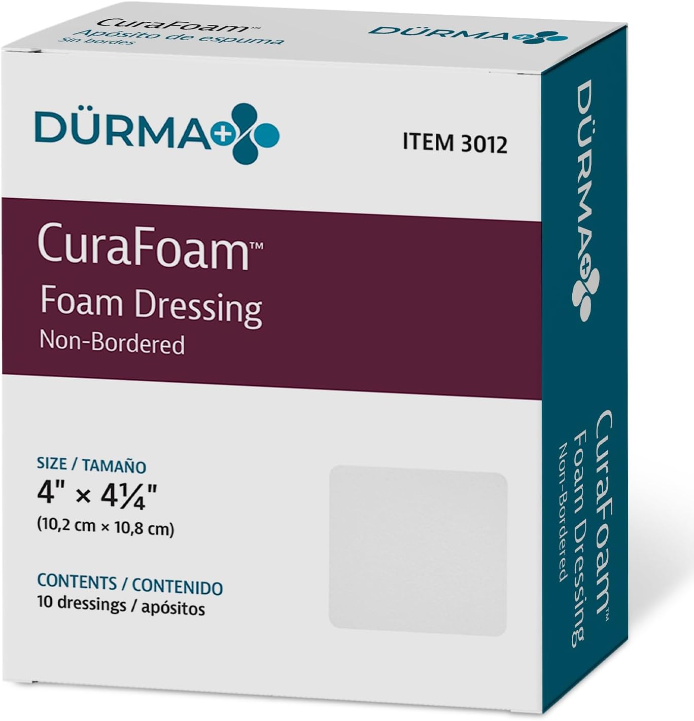 Dynarex Dürma+ CuraFoam Foam Dressings - Sterile Non Adhesive Wound Pads, Highly Absorbent - Provides Moist Cushioned Healing Environment - 4" x 4 1/4" - 1 Box of 10