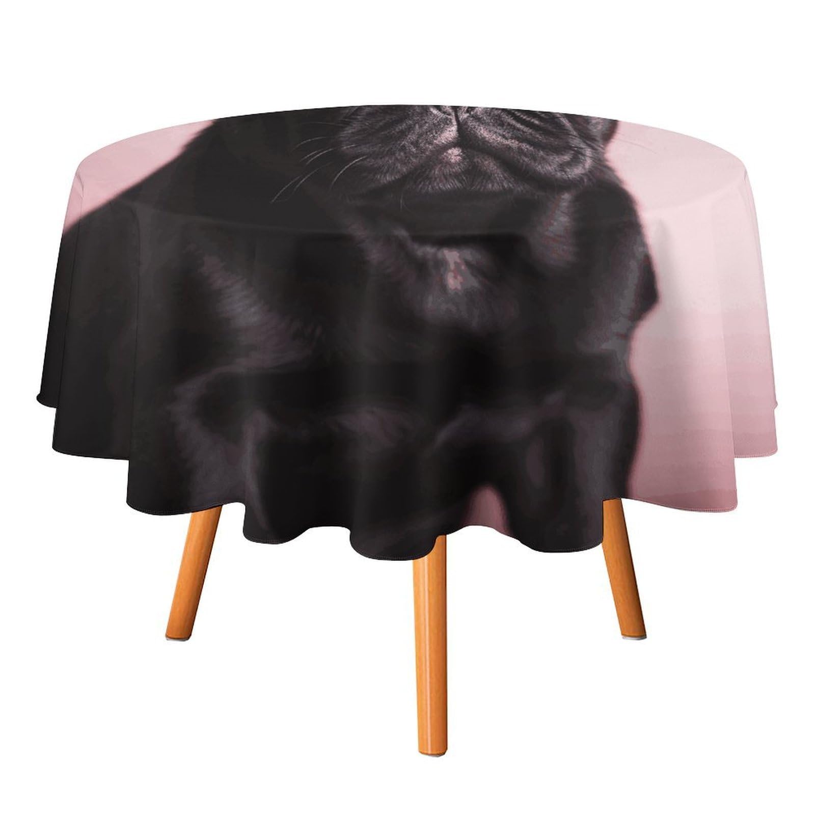 SMAZDFXX Cute Black Pug Tablecloth for Restaurant, Round Polyester Table Cover 50x50in for Party
