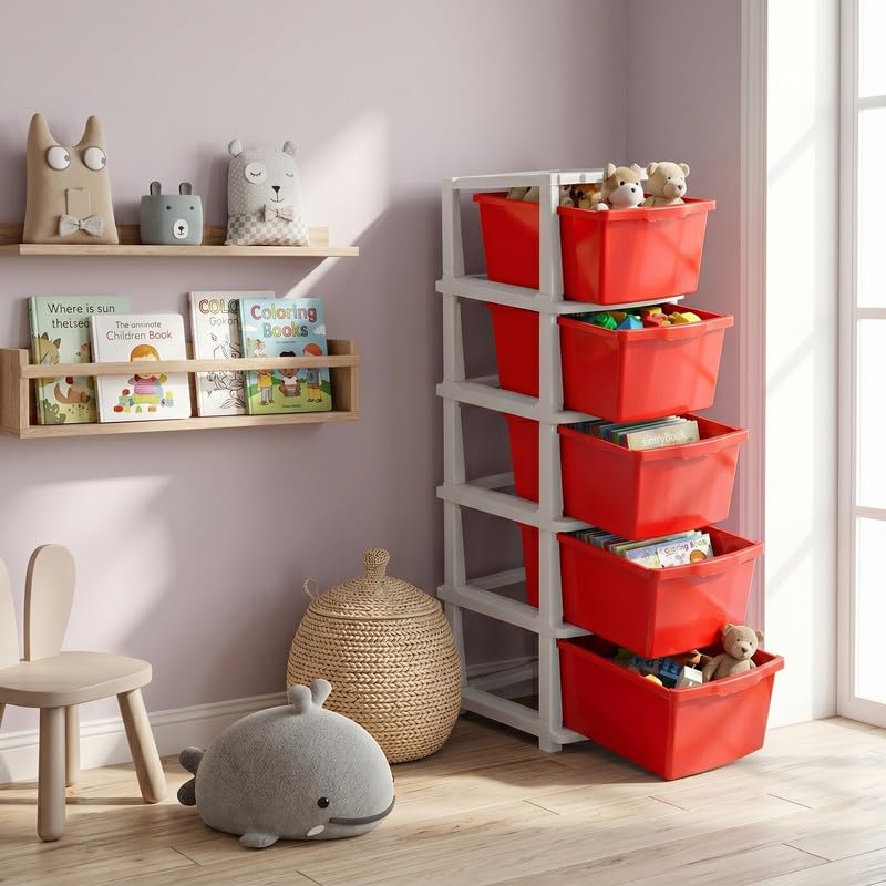 Image of Kavira Plastic Drawer Storage Tower - Space Organizer|Red,5 Layer