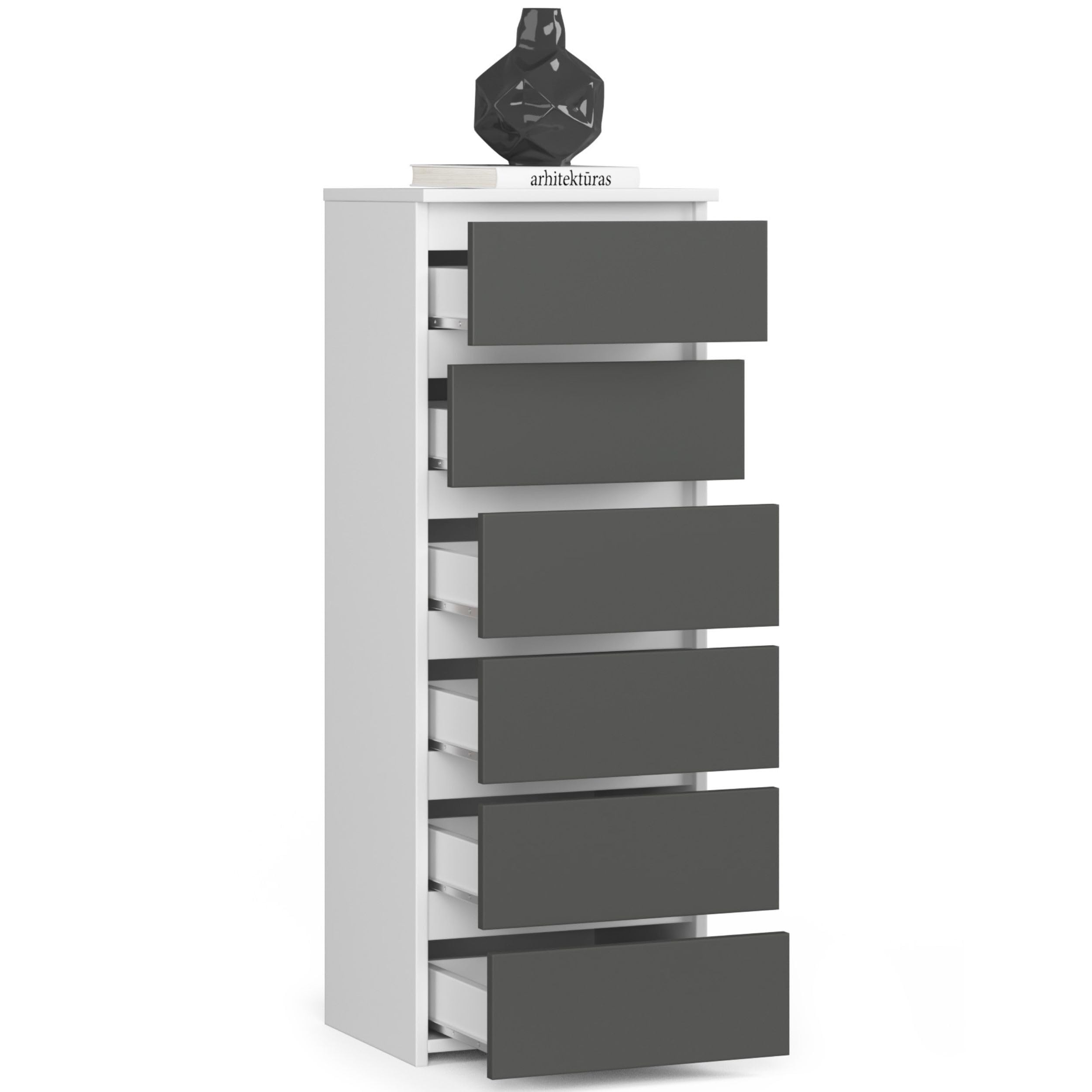 Kommode mit 6 Schubladen Kommode Schlafzimmer Flur Wohnzimmer Organizer Kommode mit Schubladen 40 cm breit 109 cm hoch | weiß graphit Holz Highboard Sideboard Mehrzweckschrank Schrank schmal