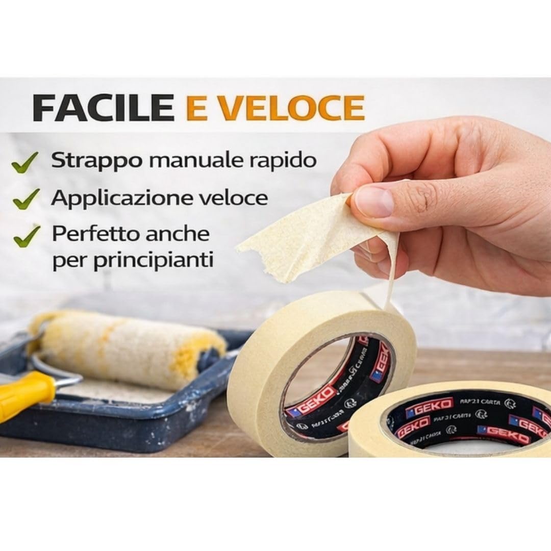 Nastro Carta per Mascheratura GEKO 38 mm x 50 m – Nastro Adesivo per Imbianchino, Verniciatura, Pareti e Fai da Te – Alta Tenuta, Rimozione Senza Residui – Ideale per Pittura e Precisione (12)
