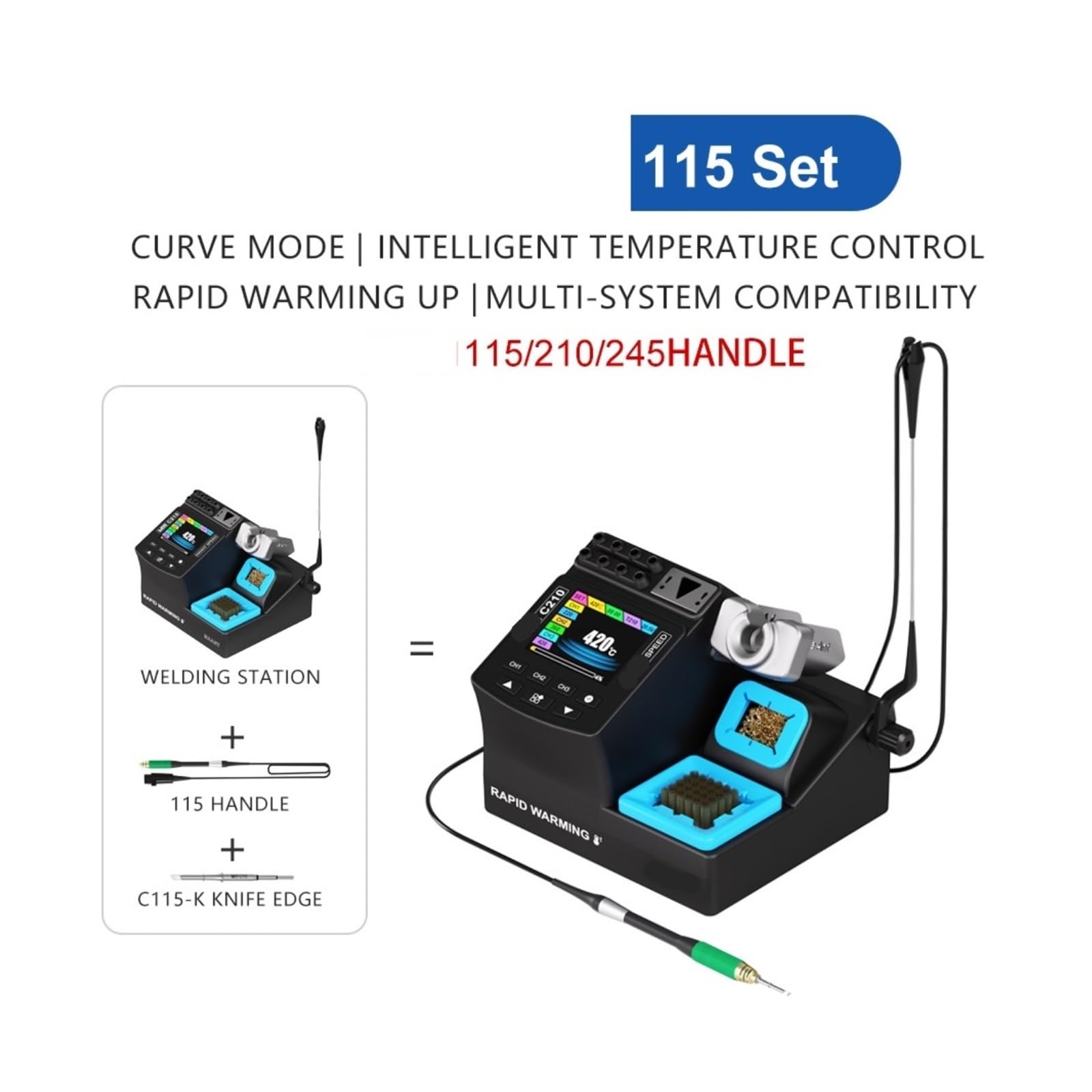 Stacja lutownicza, Inteligentna stacja lutownicza SMD 200 W, cyfrowy wyświetlacz IPS Zestaw precyzyjnych żelazek kompatybilny z C115 C210 C245(SMART-115-SET)