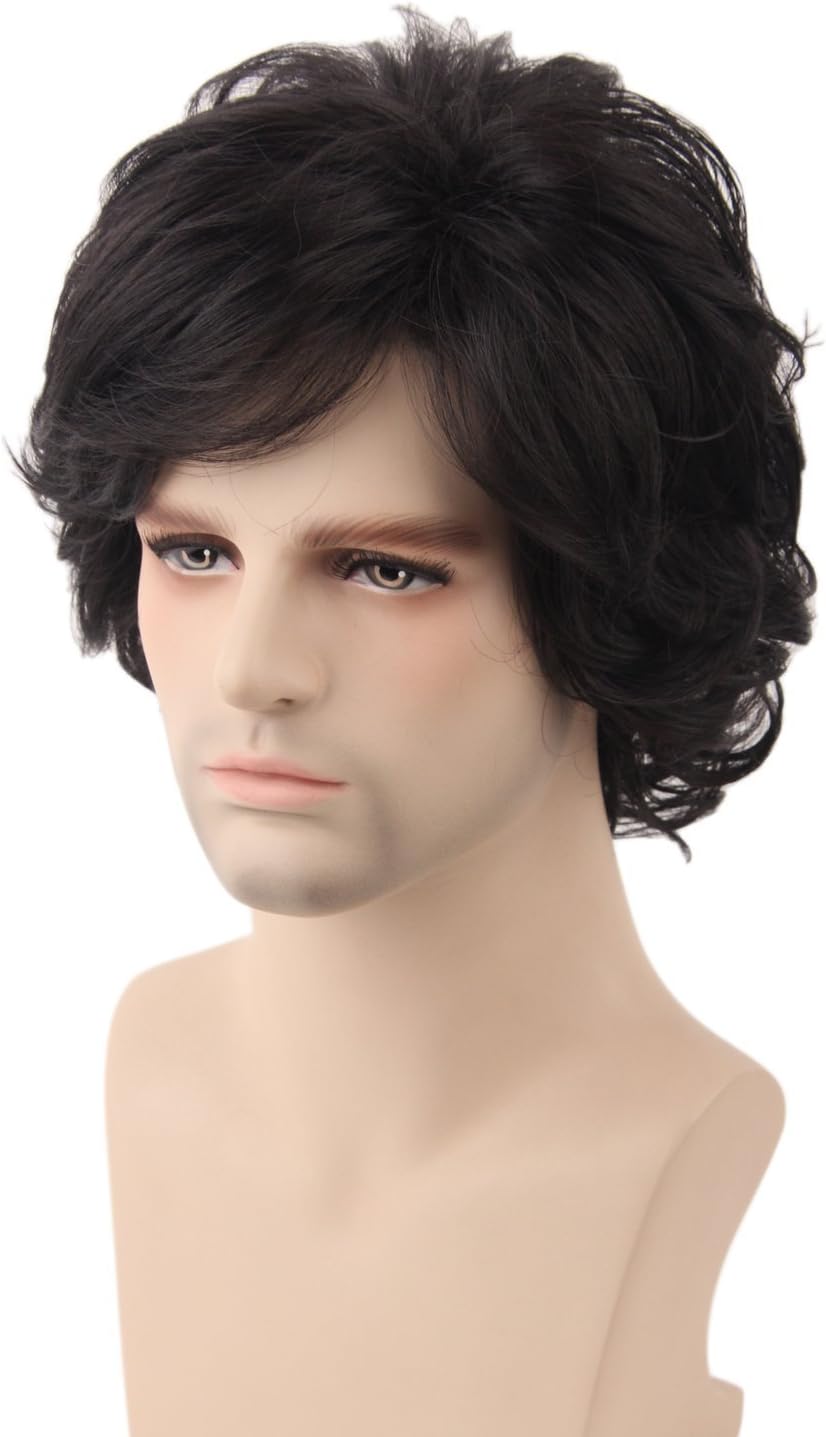 Topcosplay Men's Wigs Black Short Wavy Shaggy Style Layered Cosplay Halloween Costumes Male Wig