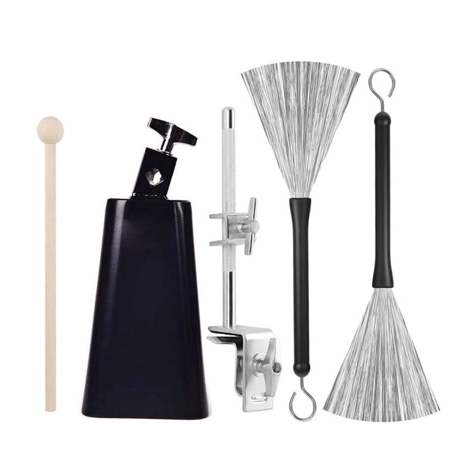 Komplettes Trommel-Kuhglocken-Klemmen-Set enthält 15,2 cm Metallglocken, zwei Bürsten und Holzdrumstick für Percussion-Zubehör, Schlagzeug-Set, Bassdrum, Cowbell-Clip, Big Drum, Cowbell Clip