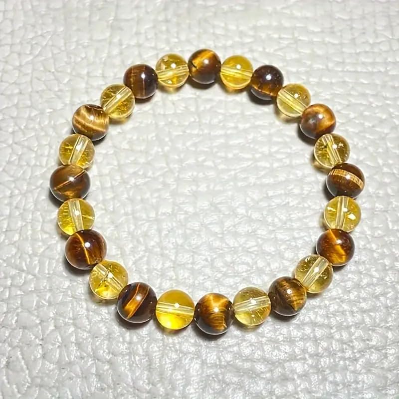 Image of Natural Tiger Eye and Citrine Crystal Beaded Bracelet, 8mm Gemstone Beads, Brown and Yellow