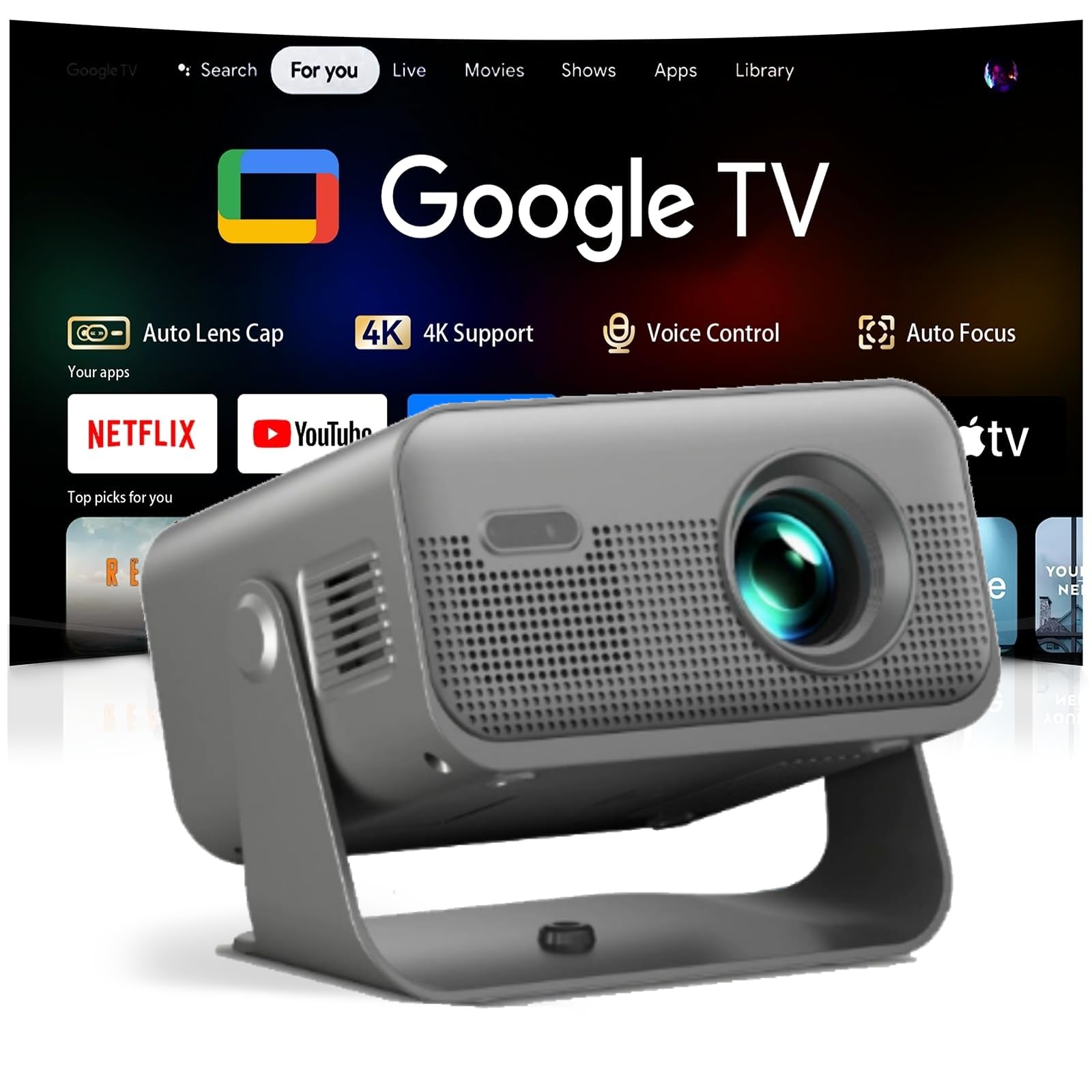 Photo 1 of Portable Projector with Google TV, 2200 ANSI, 4K , Auto Focus, Automatic Keystone, Built-in Bluetooth Surround Sound, 2.4G/5G WiFi, for Outdoor Movies