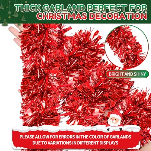Image of 70 Ft Christmas Tinsel Garland Metallic Tinsel Twist Garland Glitter Christmas Tree Hanging Decorations for New Year Party Birthday Holiday Indoor Outdoor Supplies (Red)