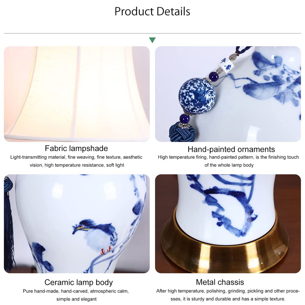 TAMYUSE Lámpara de Mesa de cerámica Jingdezhen Azul clásica, Pantalla de Campana de pájaro y Flores para luz de Tarro de Jengibre, lámpara de cerámica Oriental Grande, Regalo de bendición de la casa